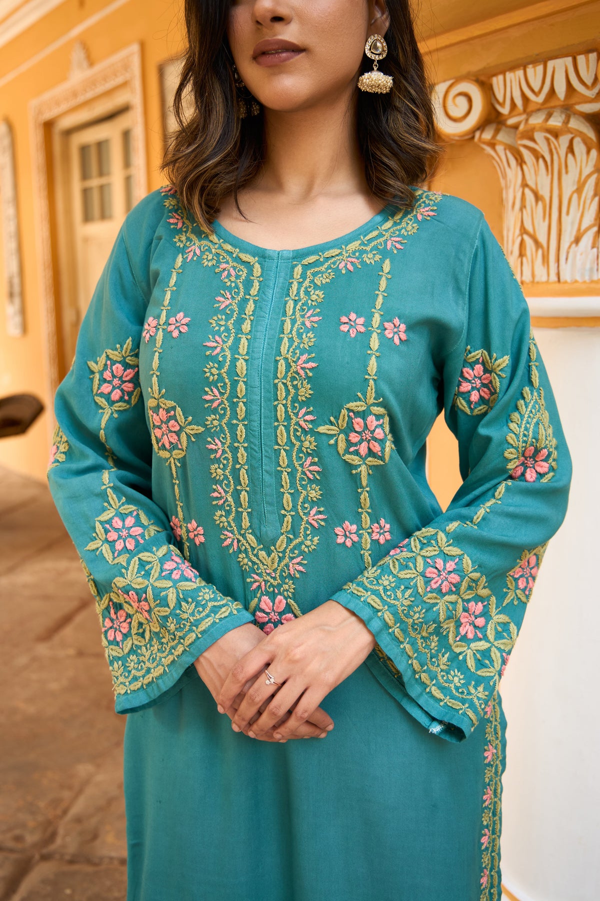 Nazm Rayon Teal Blossom Chikankari Coord Set