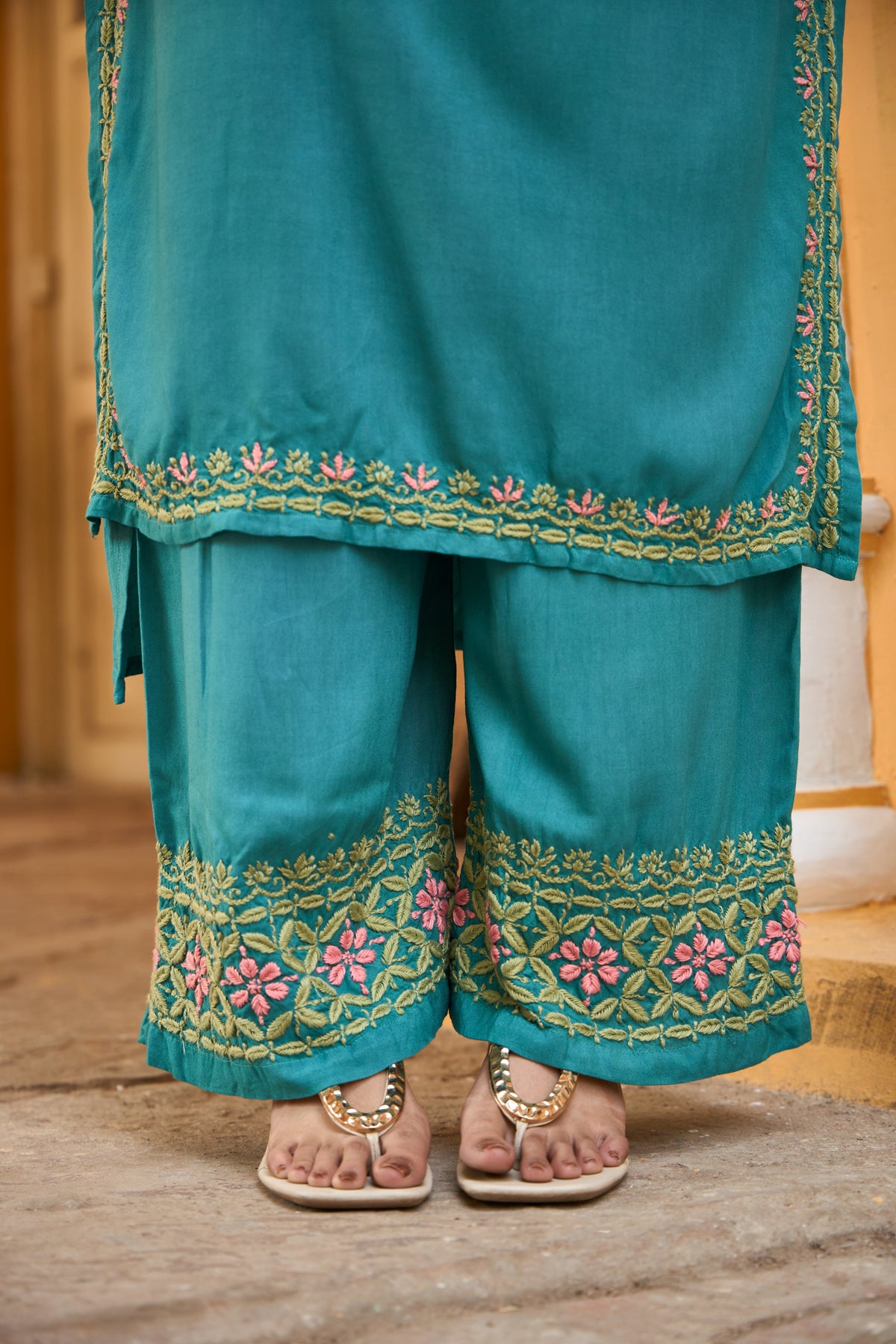 Nazm Rayon Teal Blossom Chikankari Coord Set