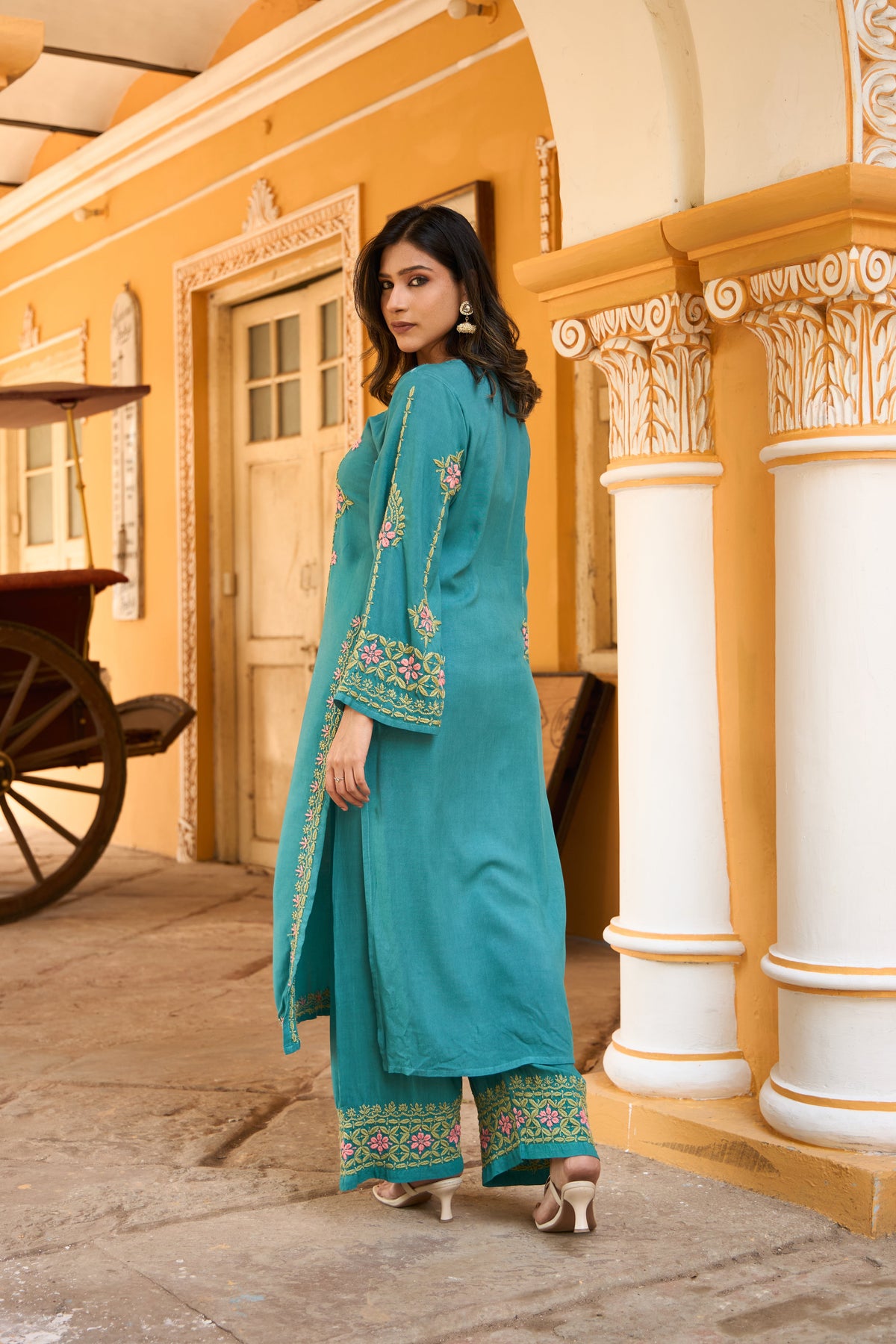 Nazm Rayon Teal Blossom Chikankari Coord Set
