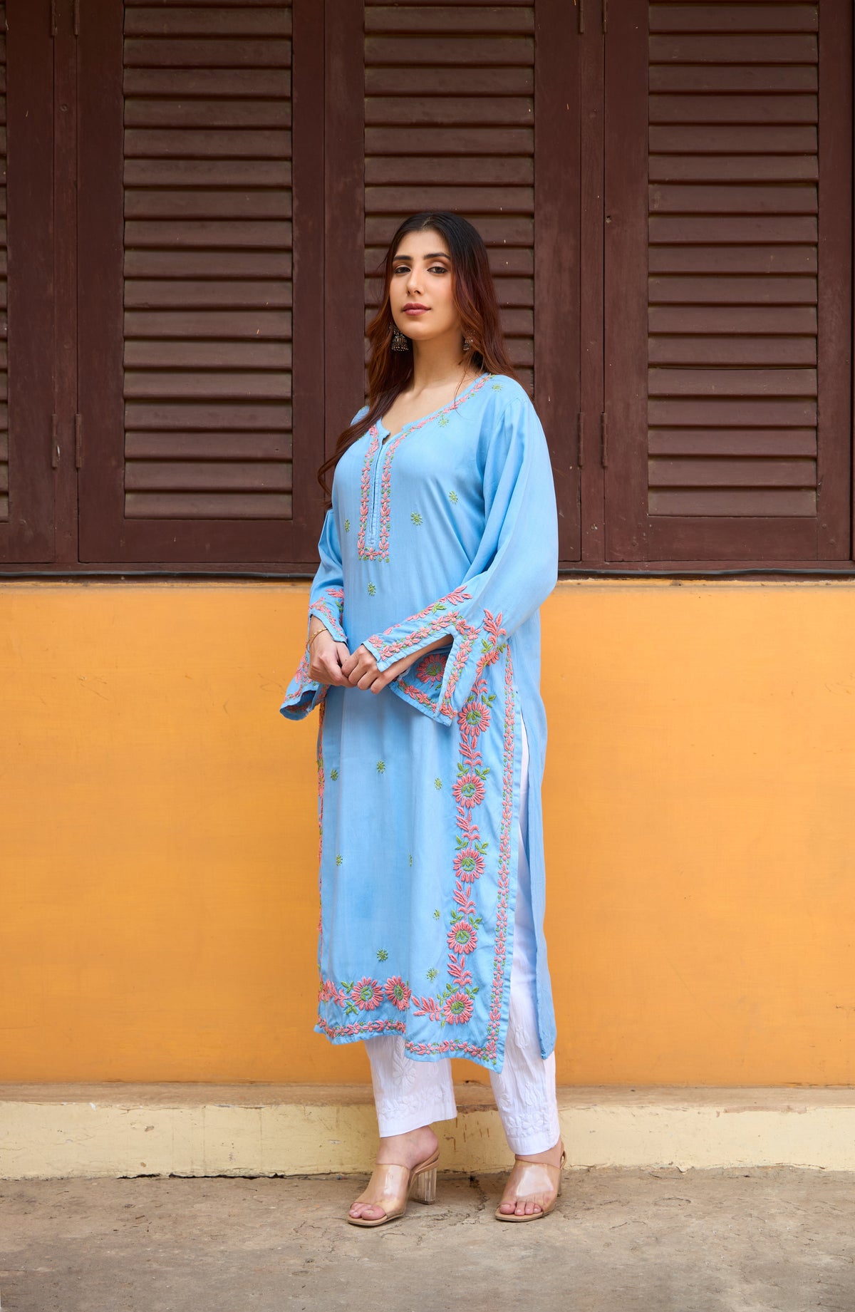 Nazm Rayon Powder Blue Blossom Chikankari Kurta