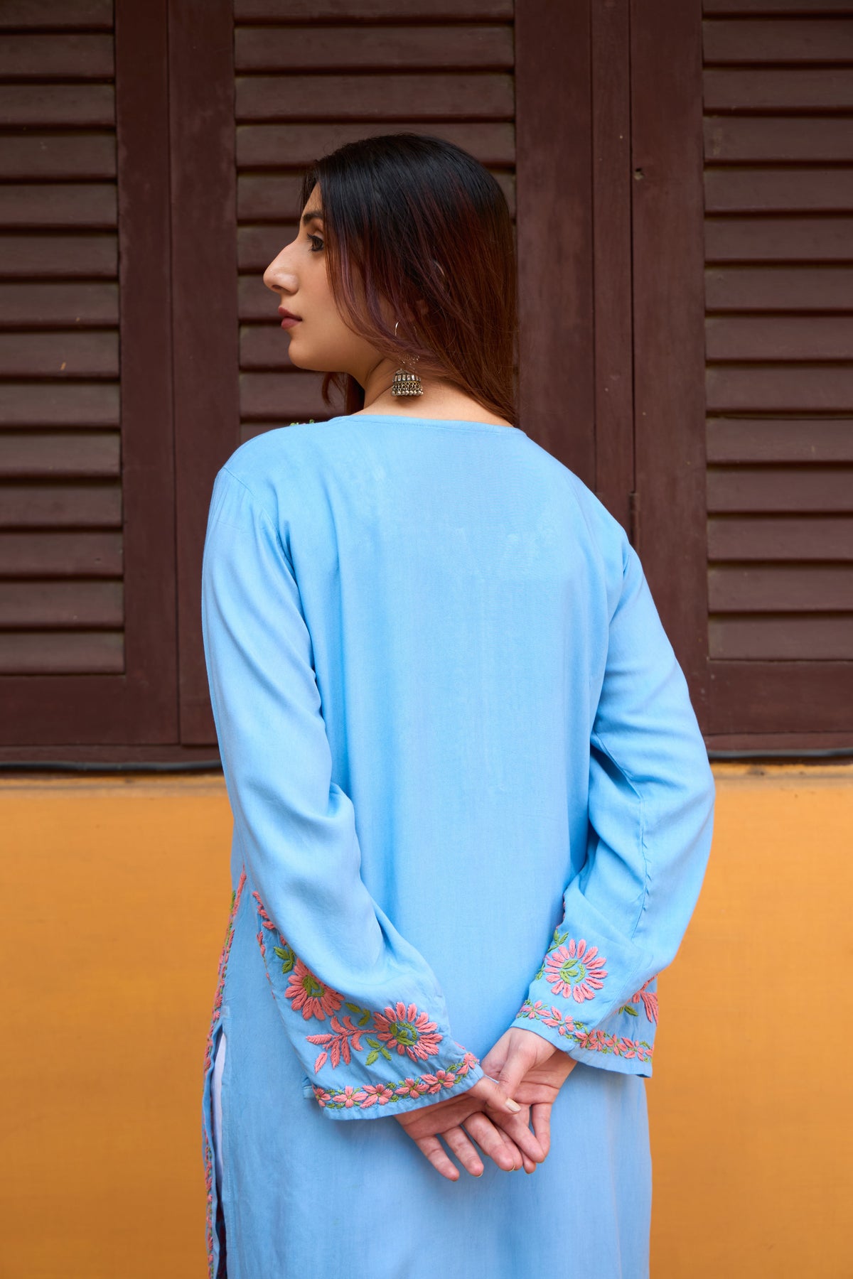 Nazm Rayon Powder Blue Blossom Chikankari Kurta