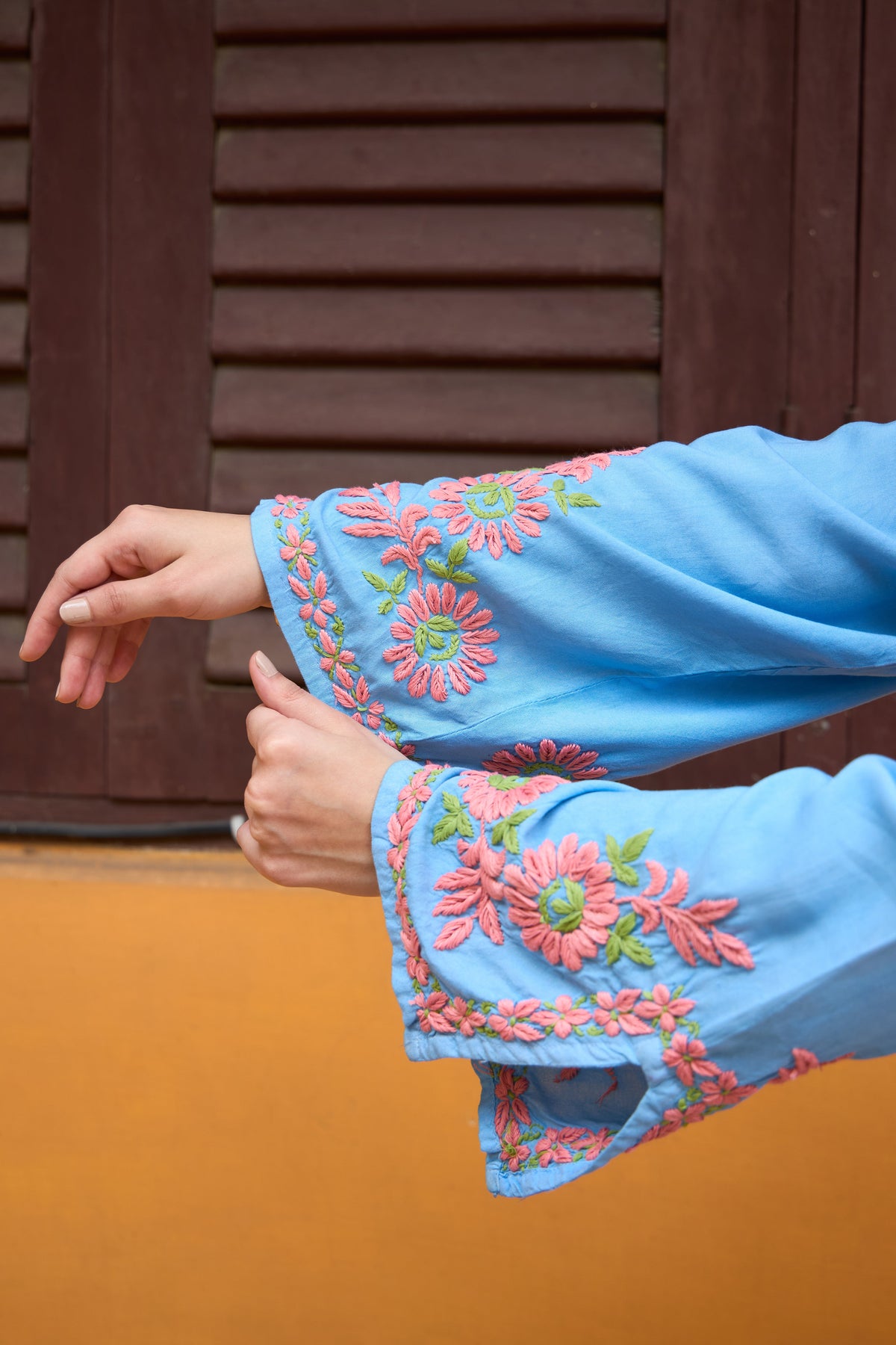 Nazm Rayon Powder Blue Blossom Chikankari Kurta