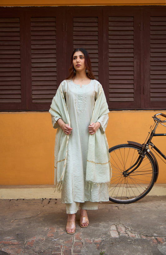 Nazm Chanderi Pistachio Chikankari Kurta Set with Dupatta
