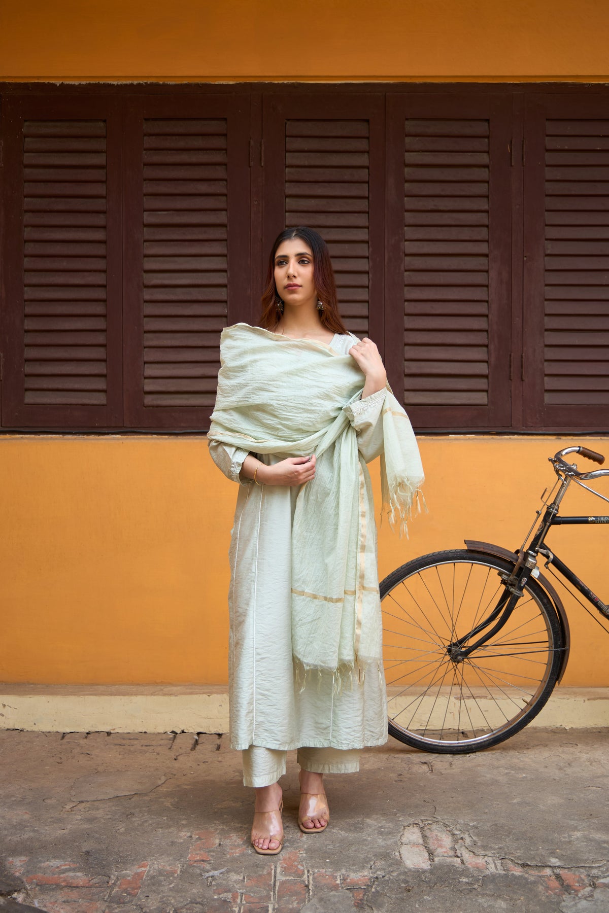 Nazm Chanderi Pistachio Chikankari Kurta Set with Dupatta