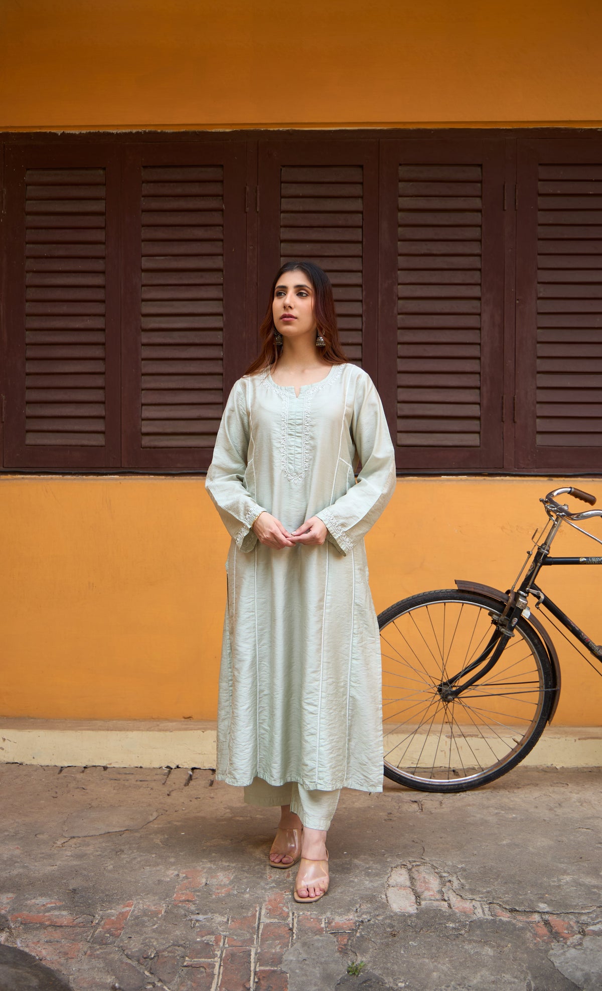 Nazm Chanderi Pistachio Chikankari Kurta Set with Dupatta
