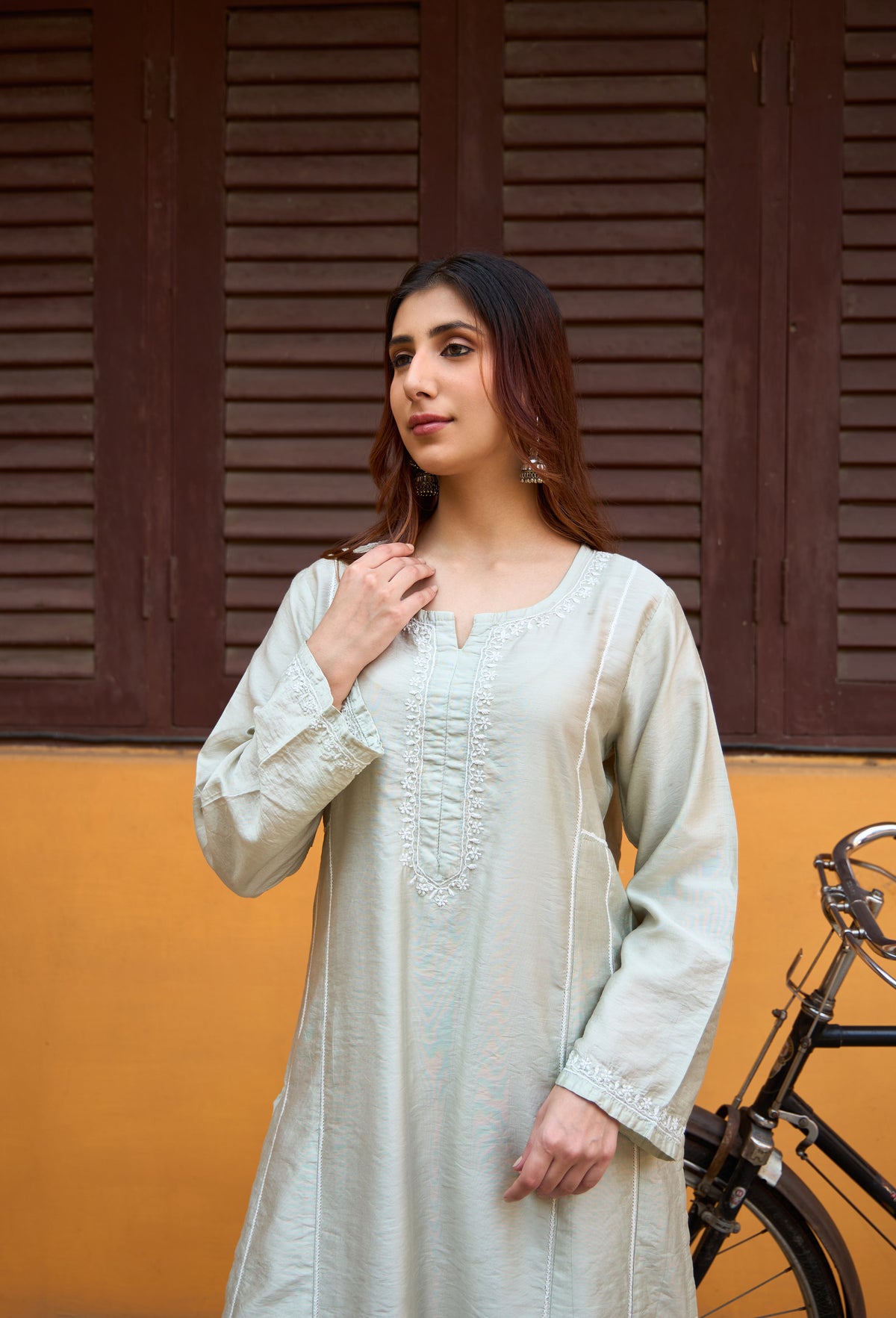 Nazm Chanderi Pistachio Chikankari Kurta Set with Dupatta