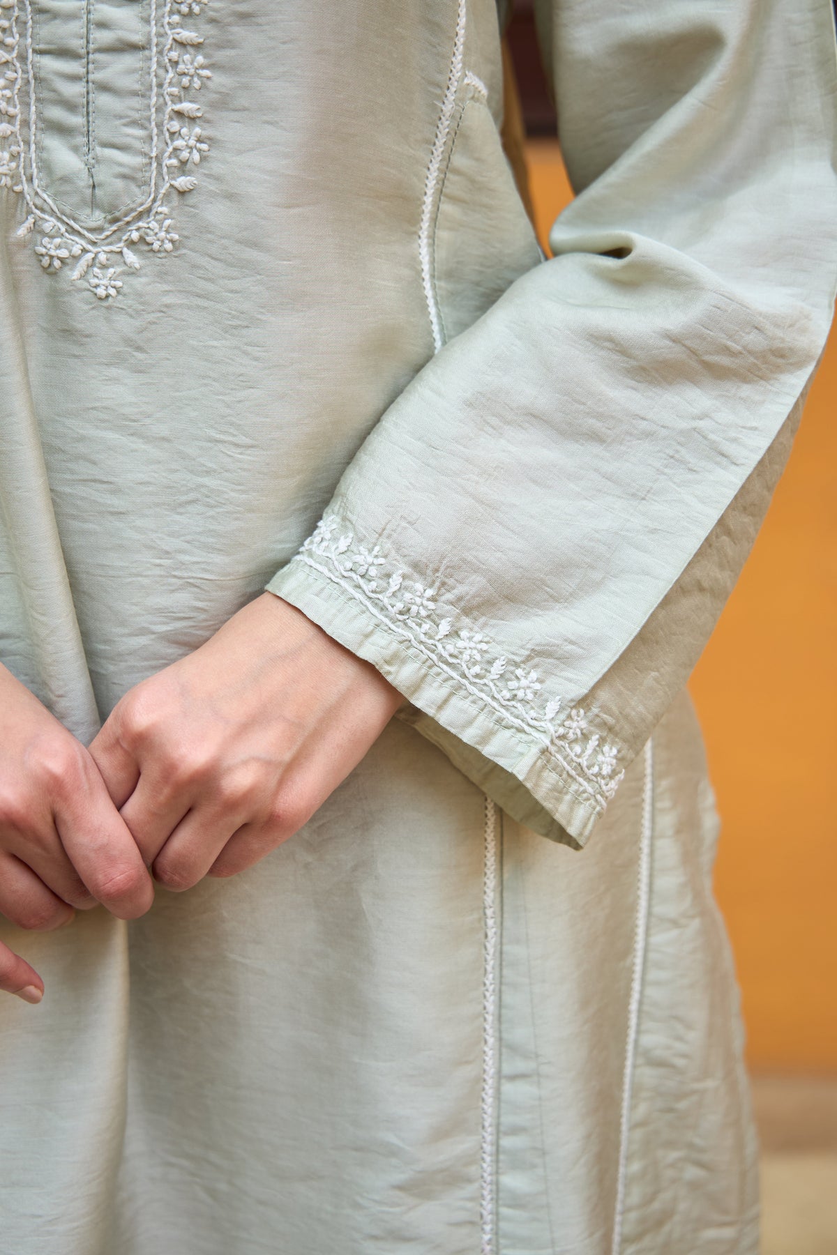 Nazm Chanderi Pistachio Chikankari Kurta Set with Dupatta