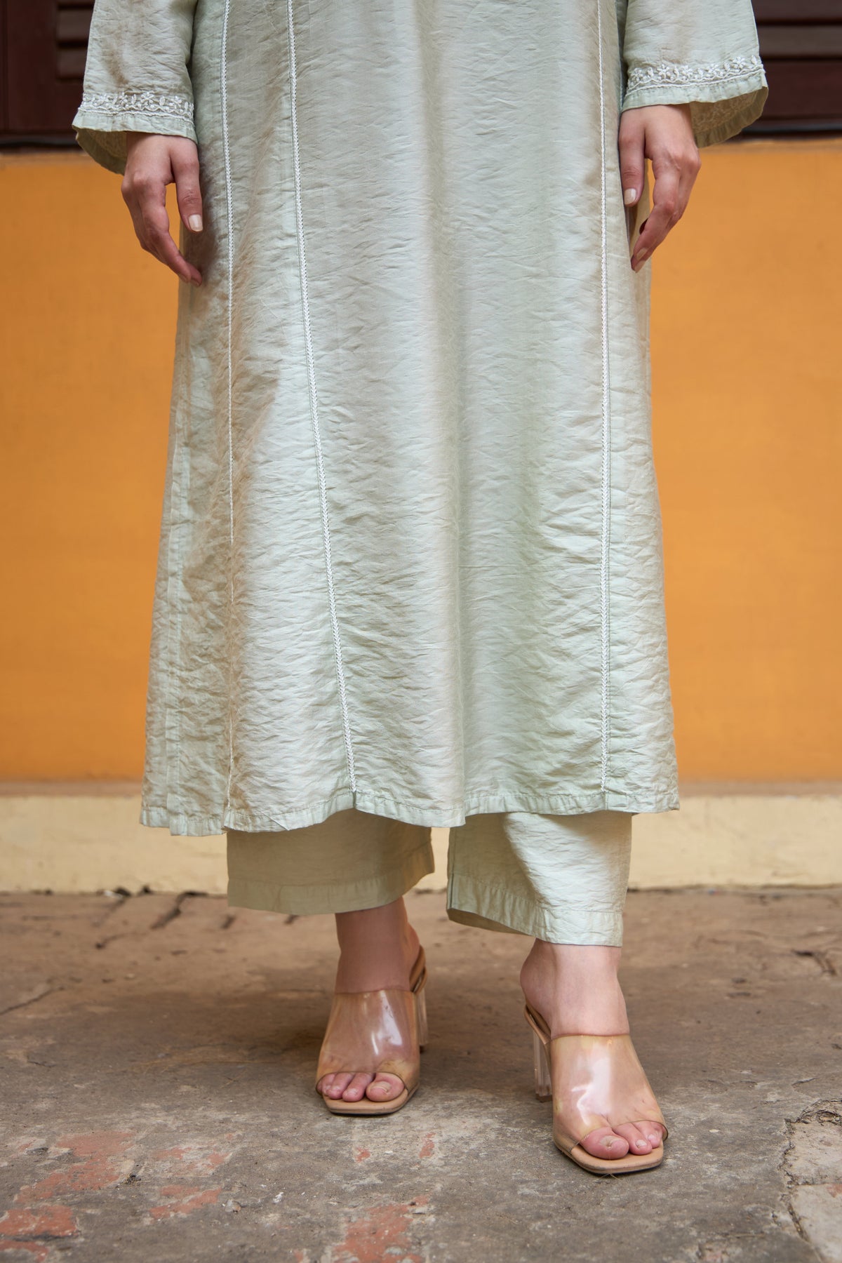 Nazm Chanderi Pistachio Chikankari Kurta Set with Dupatta