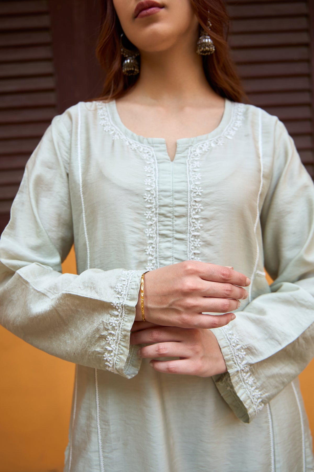 Nazm Chanderi Pistachio Chikankari Kurta Set with Dupatta
