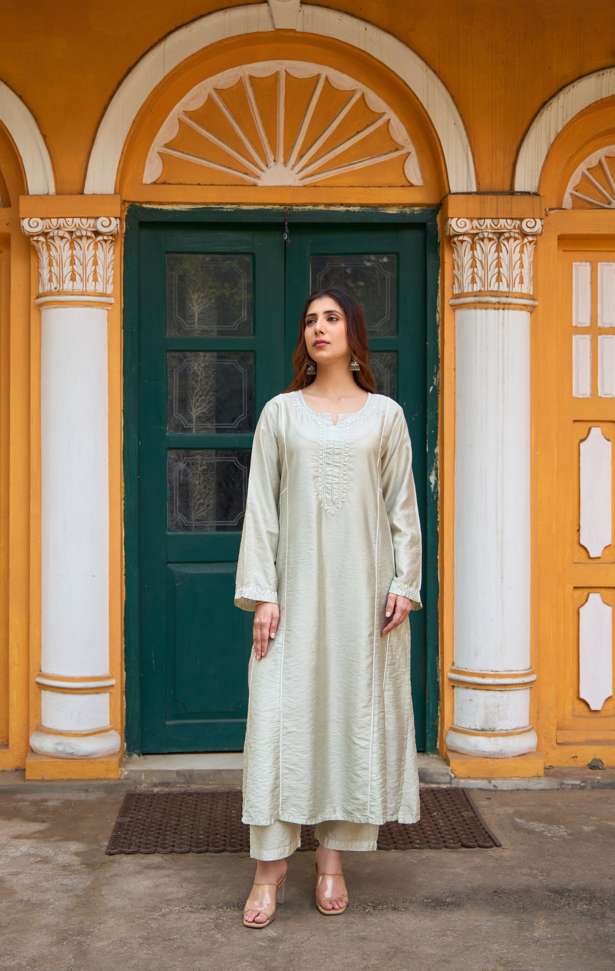 Nazm Chanderi Pistachio Chikankari Kurta Set with Dupatta
