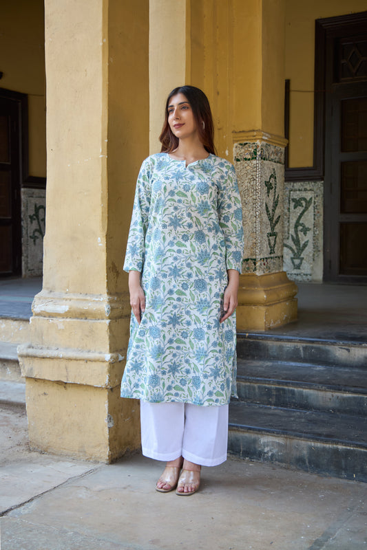 Saanjh Dusty Blue Floral Kurta