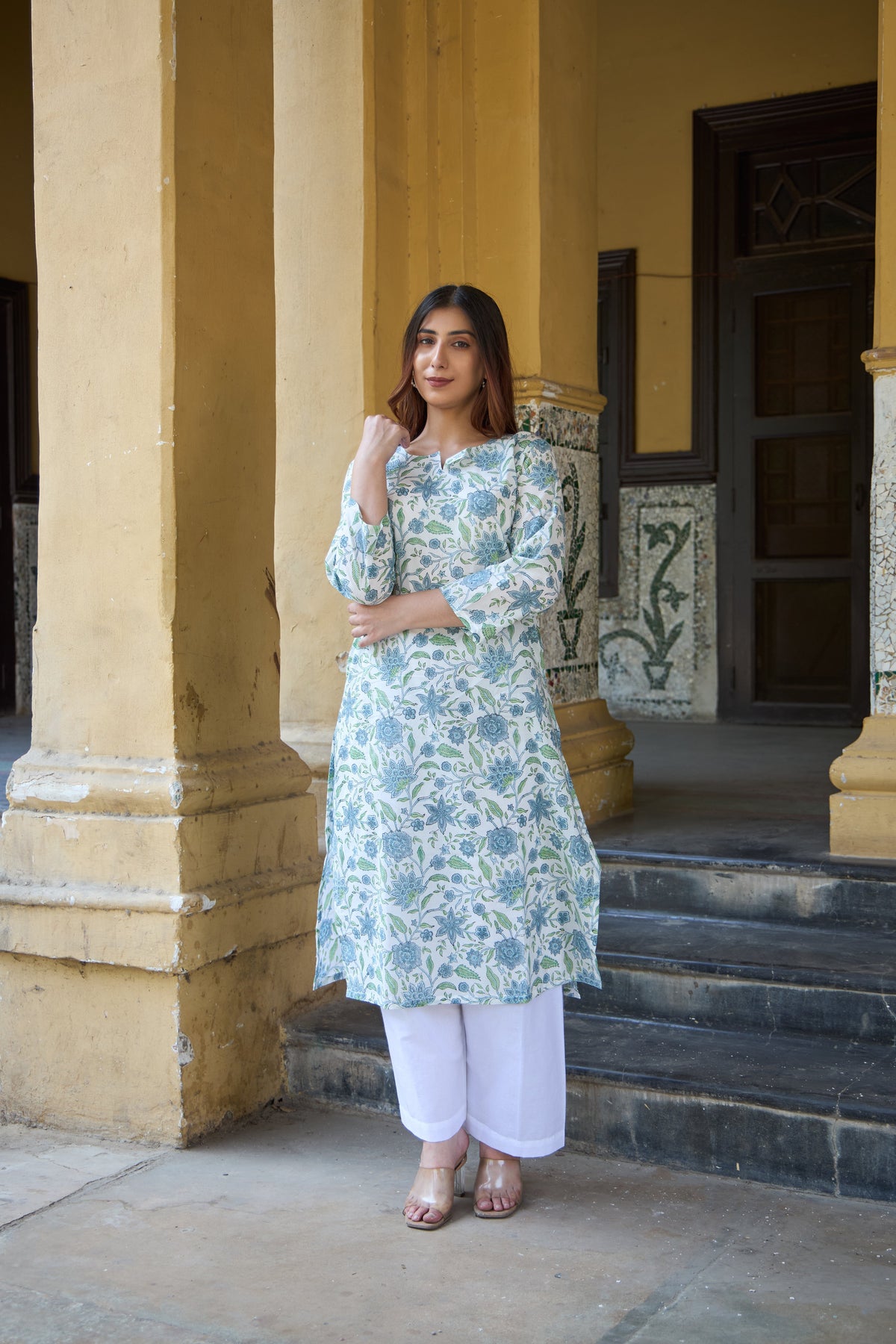 Saanjh Dusty Blue Floral Kurta