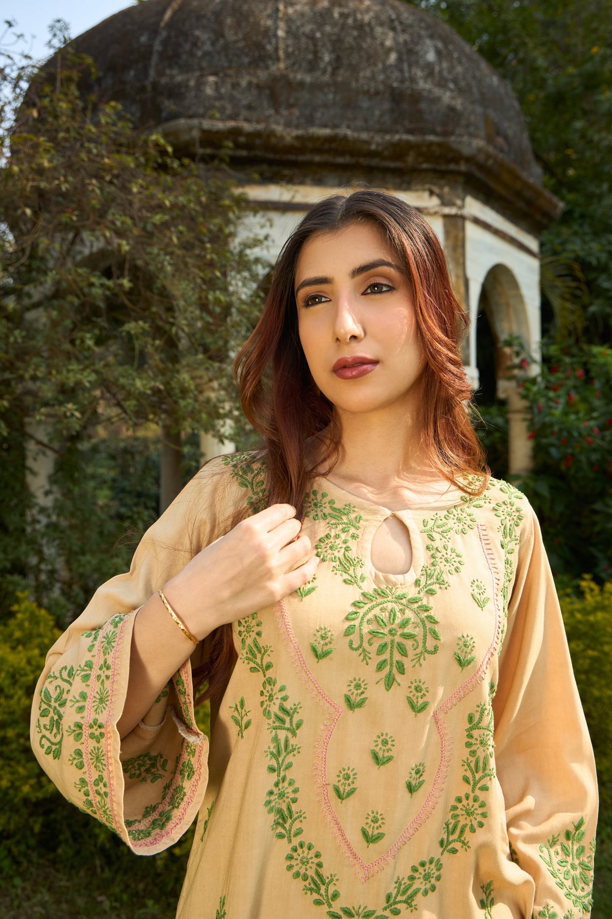 Nazm Rayon Beige & Olive Chikankari Kurta