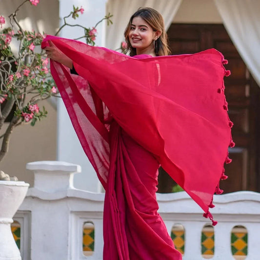 Mira Hand-Dyed Mul Cotton Pink Saree with Tassels