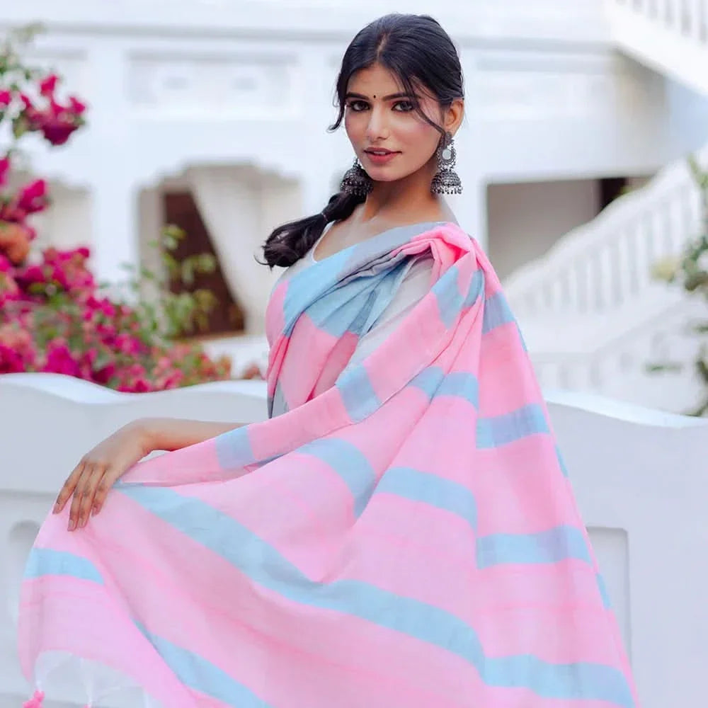 Mira Hand-Dyed Mul Cotton Striped Saree with Tassels