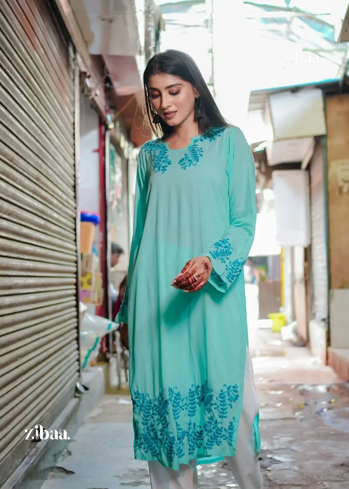 Hoor Cyan Blue Modal Chikankari Kurta