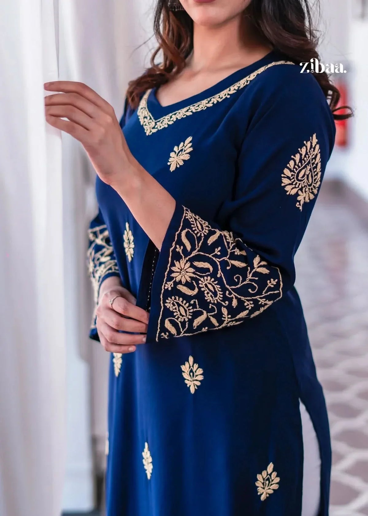 Hoor Blue & Gold Luxury Rayon Chikankari Kurta