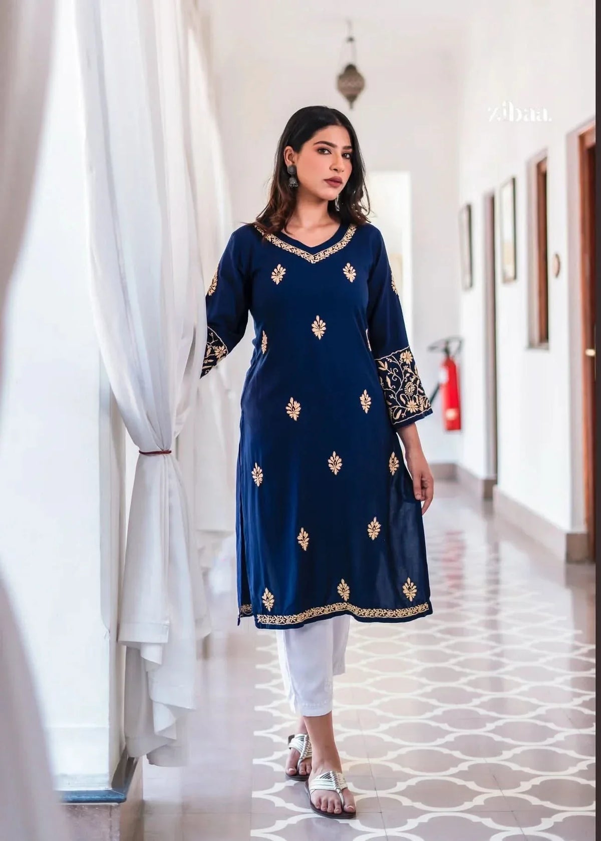 Hoor Blue & Gold Luxury Rayon Chikankari Kurta