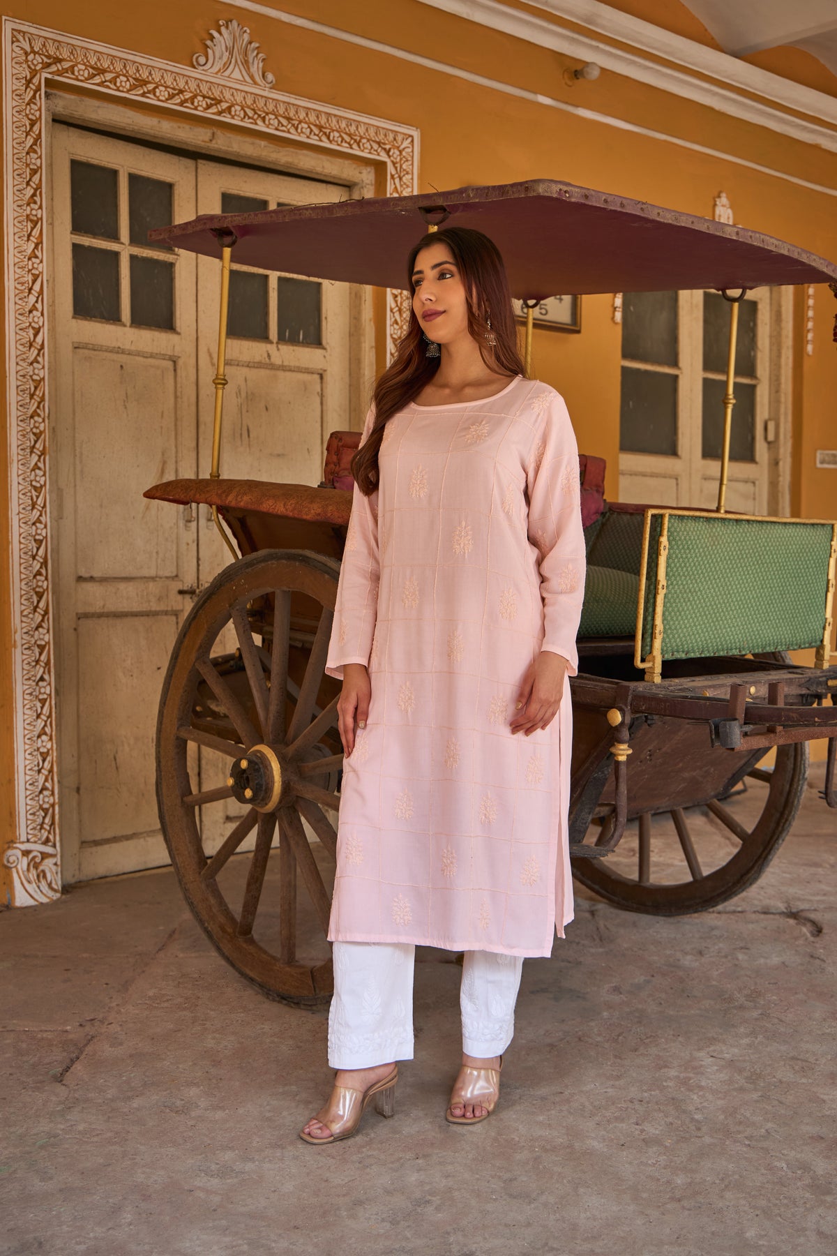 Nazm Rayon Champagne Pink Chikankari Kurta
