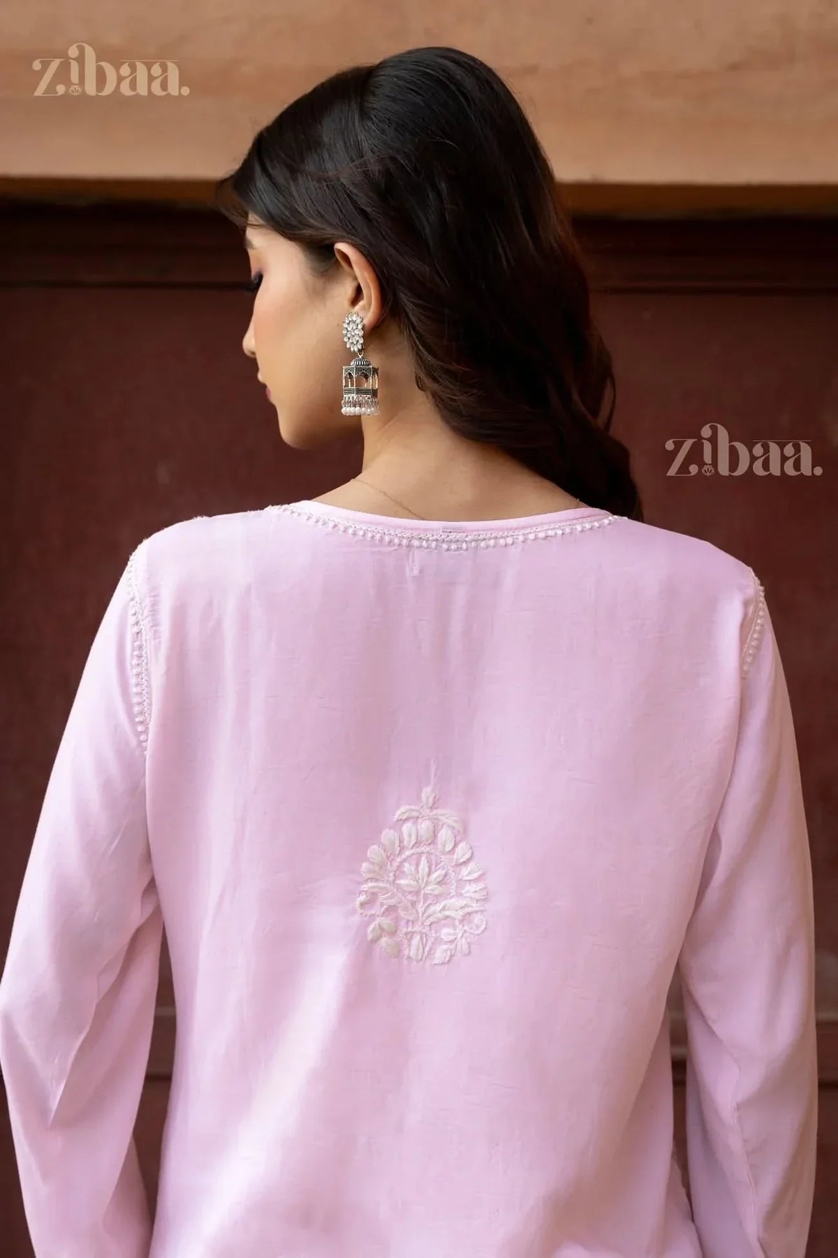Aiyana Modal Blush Pink Long Chikankari Kurti