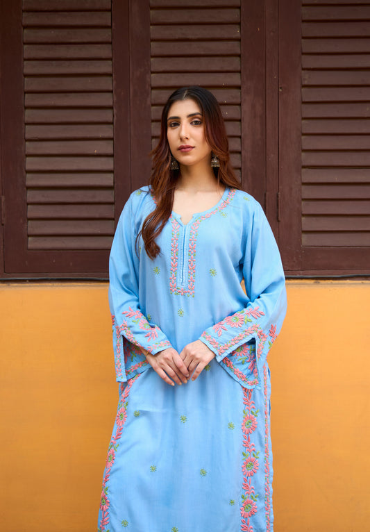 Nazm Rayon Powder Blue Blossom Chikankari Kurta