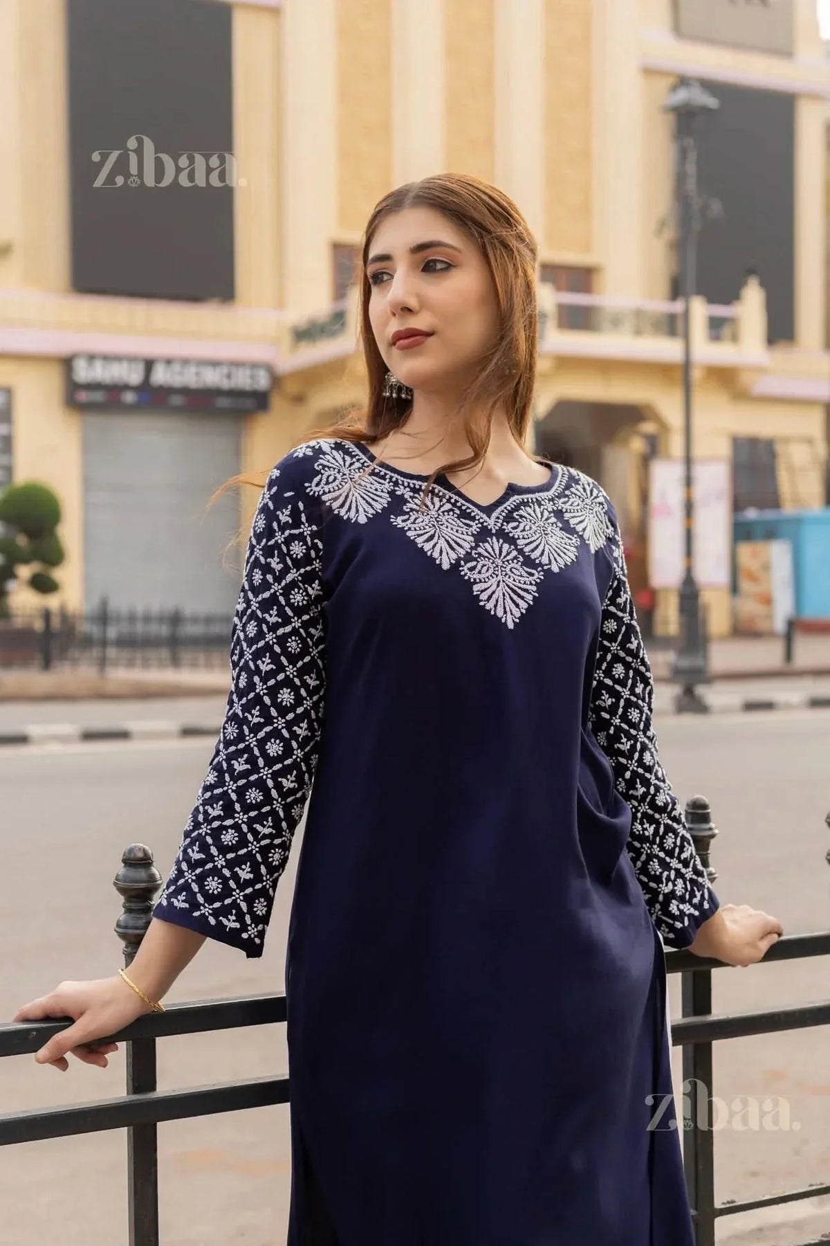 Maaya Rayon Blue Chikankari Kurti with Jaal work