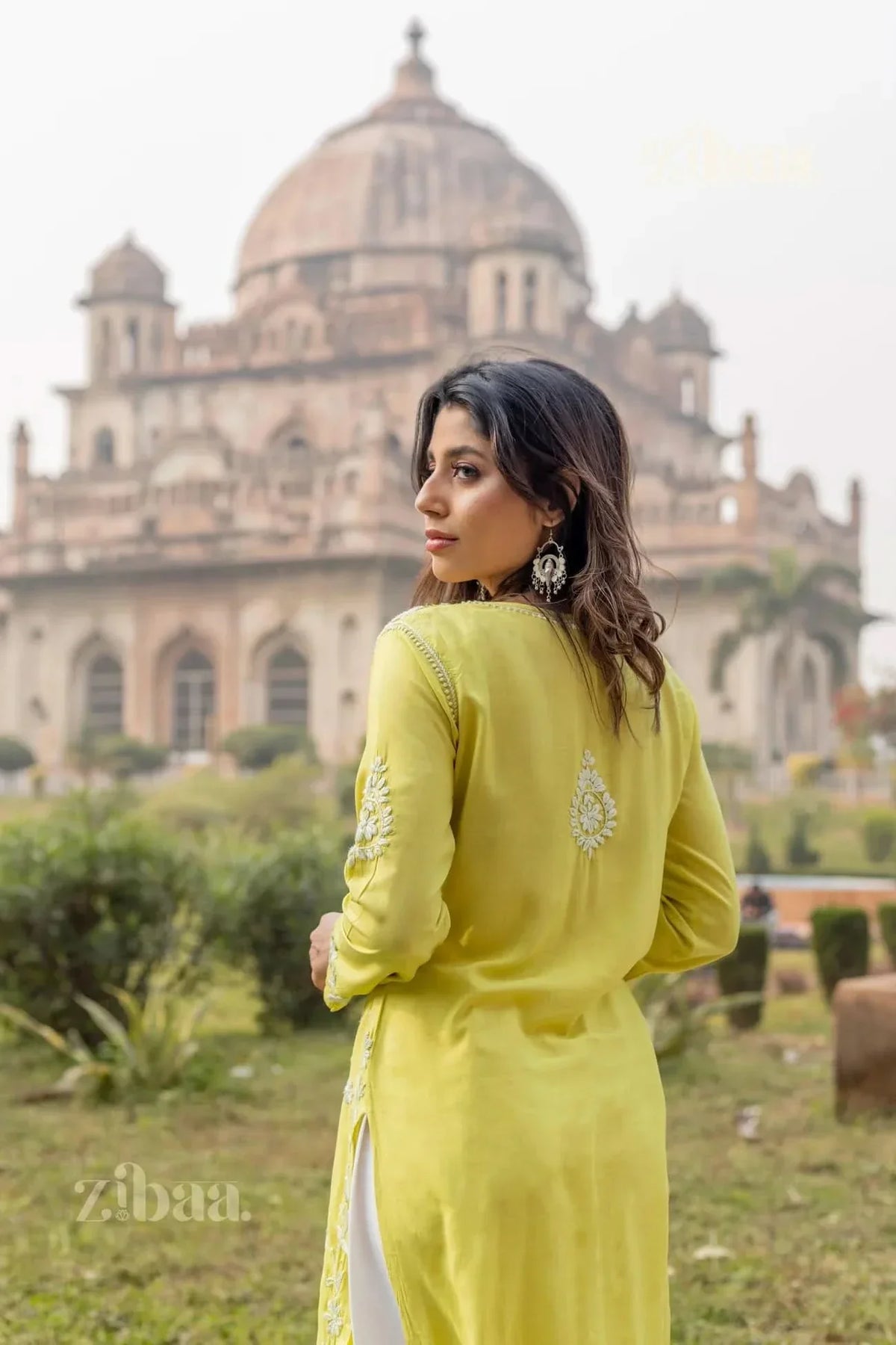 Aiyana Modal Olive Green Long Chikankari Kurti