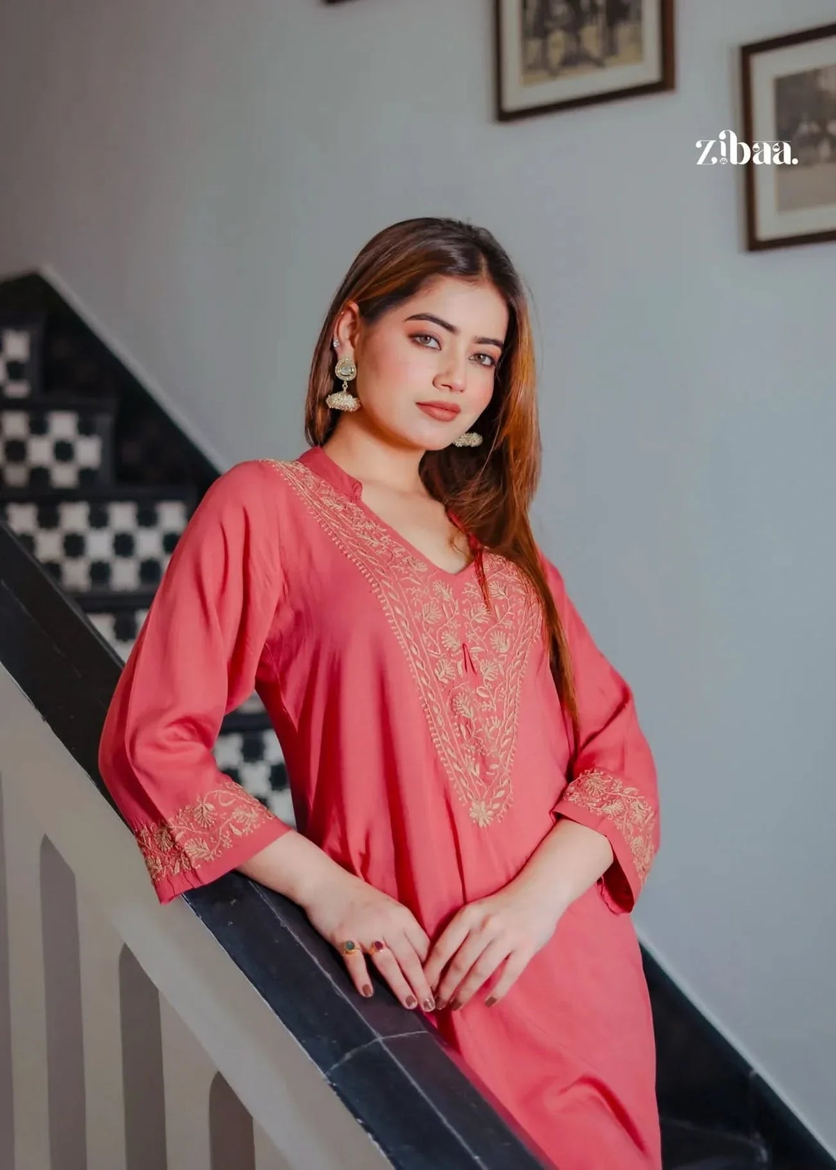 Hoor Coral Modal Chikankari Kurta