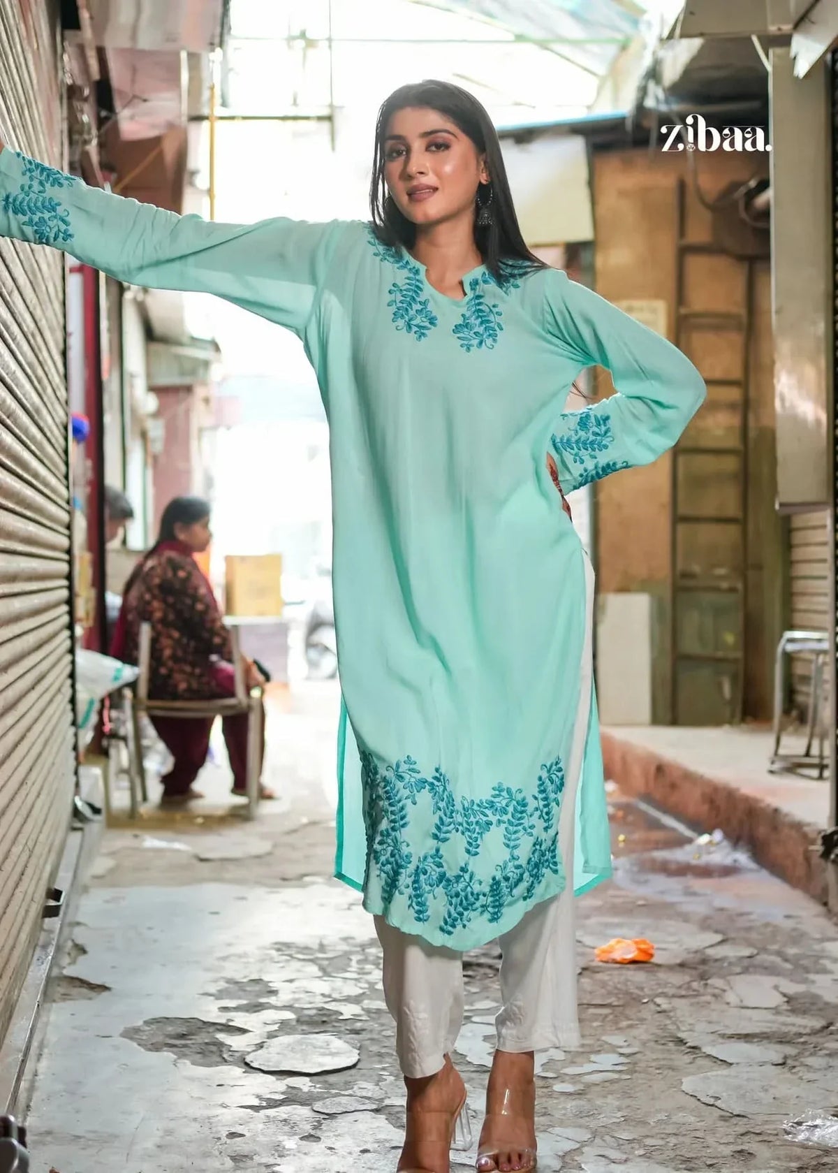 Hoor Cyan Blue Modal Chikankari Kurta
