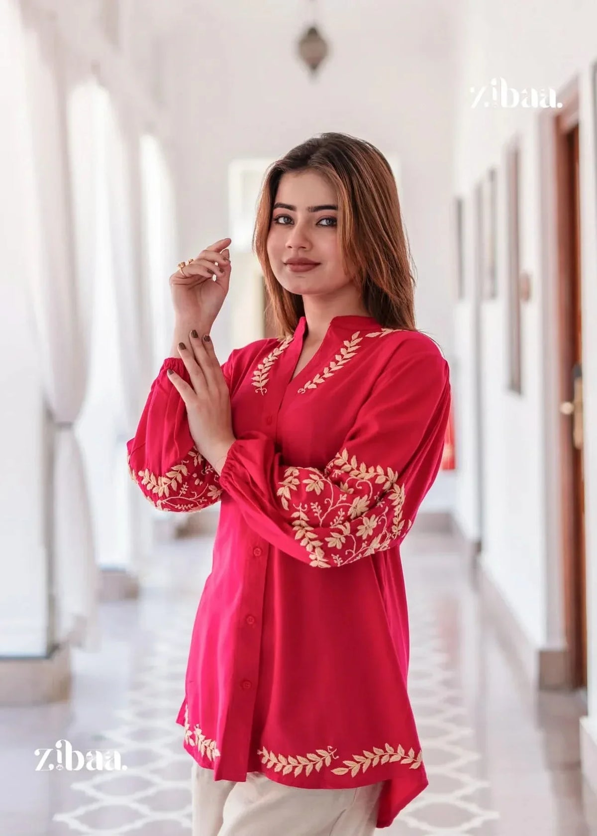 Husn Hot Pink Luxury Rayon Chikankari Top