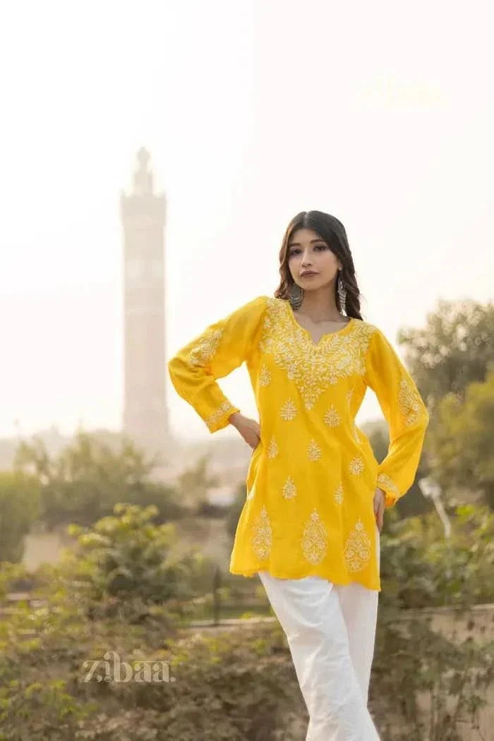 Aiyana Modal Mustard Yellow Short Chikankari Kurti