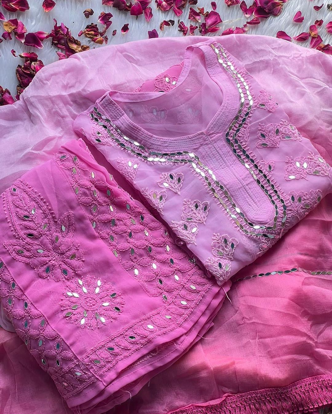 Ombre Viscose Georgette Butti Jaal Mirror Work Chikankari Kurta Palazzo With Dupatta Set
