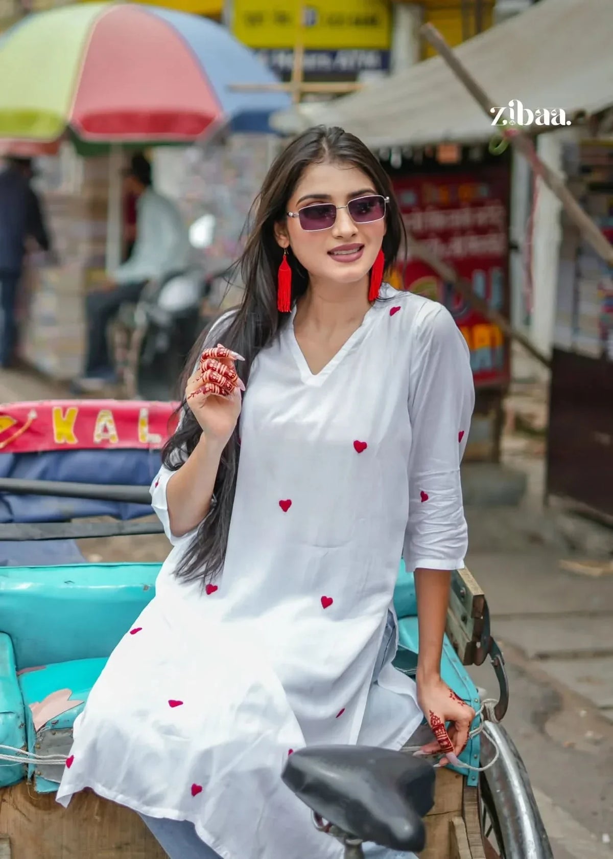 Hoor White & Red Modal Chikankari Kurta