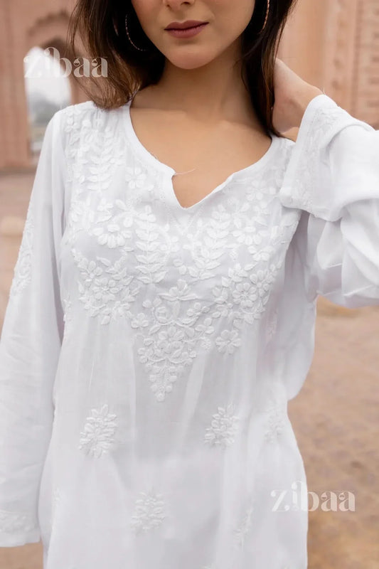 Aiyana Modal White Short Chikankari Kurti