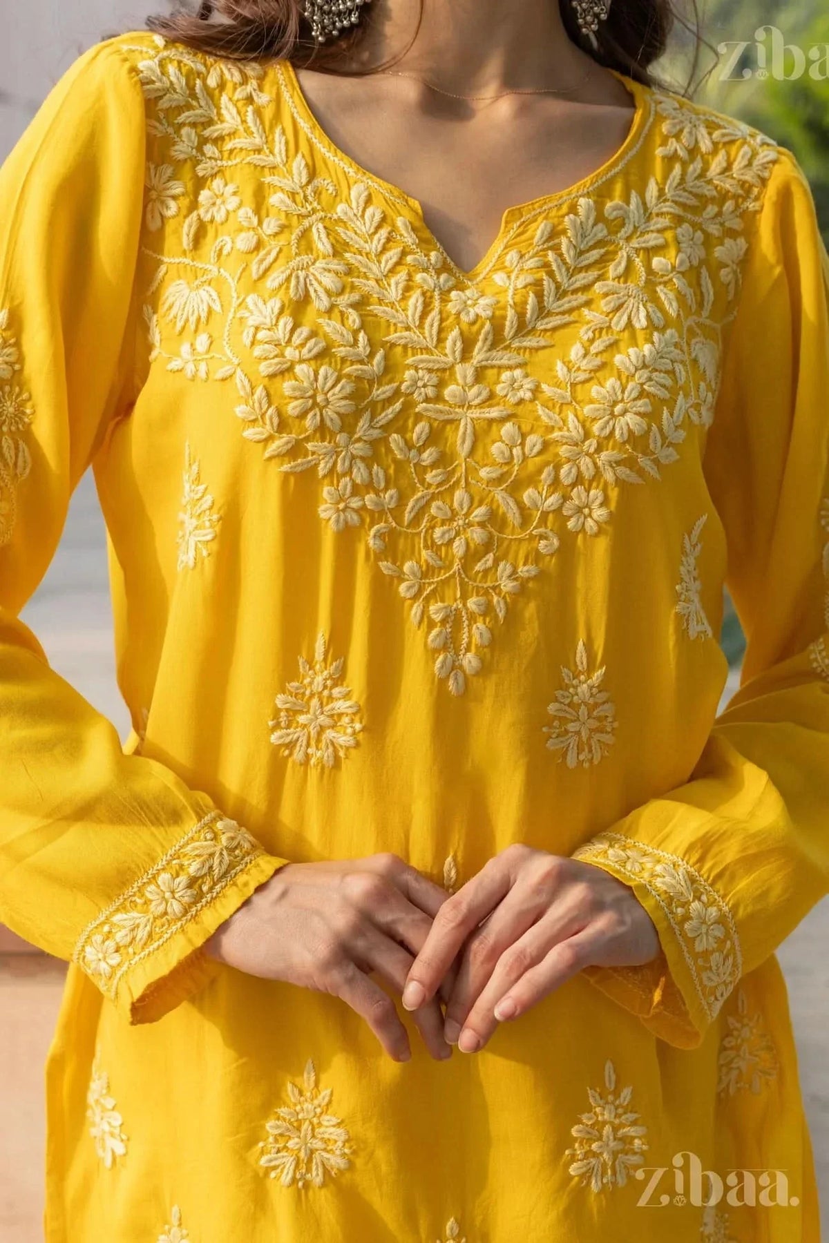 Aiyana Modal Mustard Yellow Short Chikankari Kurti