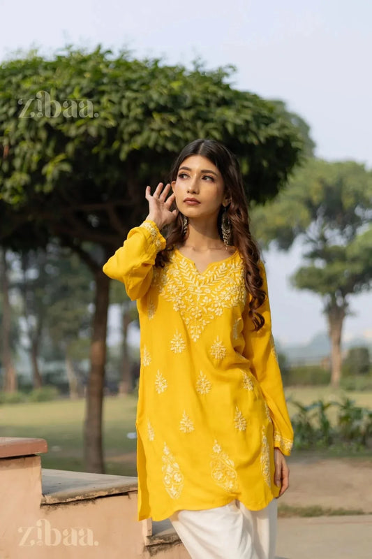 Aiyana Modal Mustard Yellow Short Chikankari Kurti