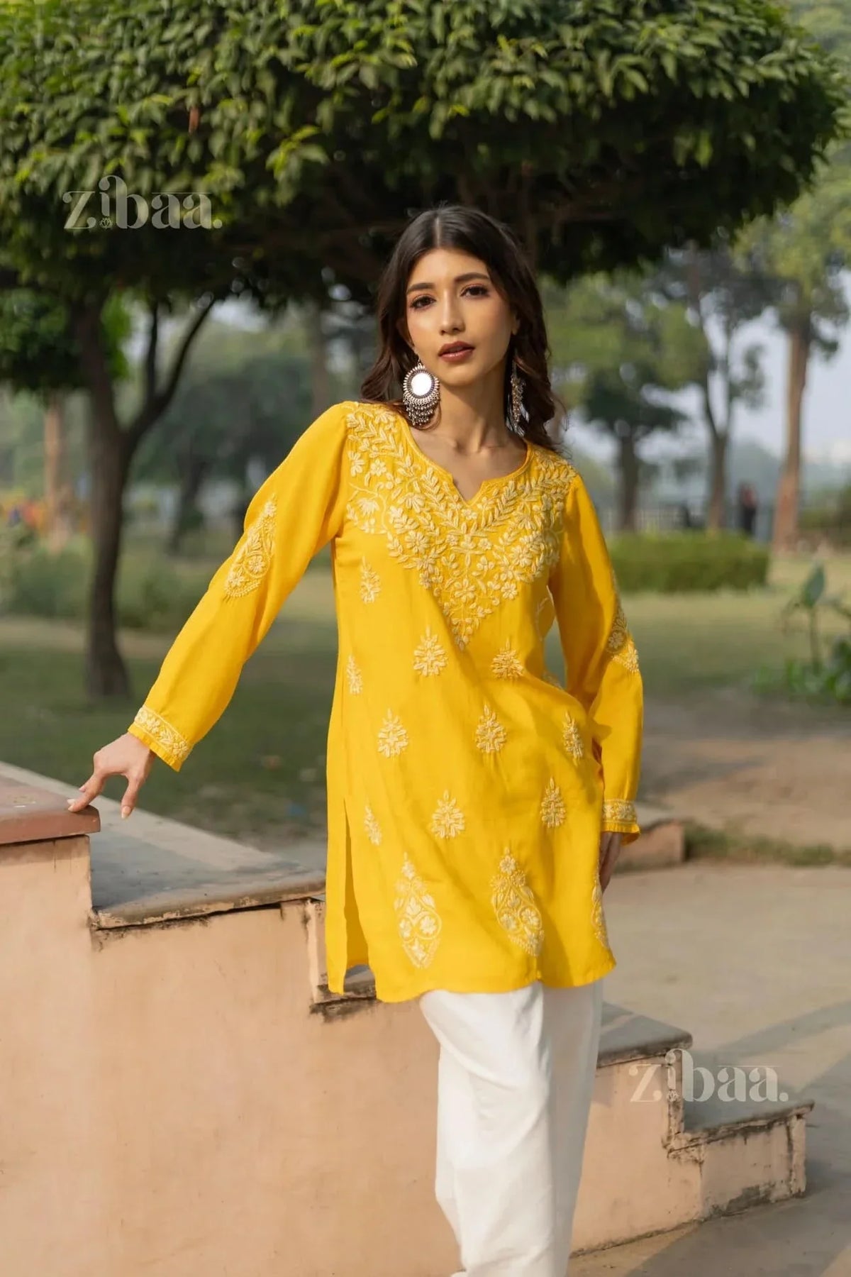 Aiyana Modal Mustard Yellow Short Chikankari Kurti