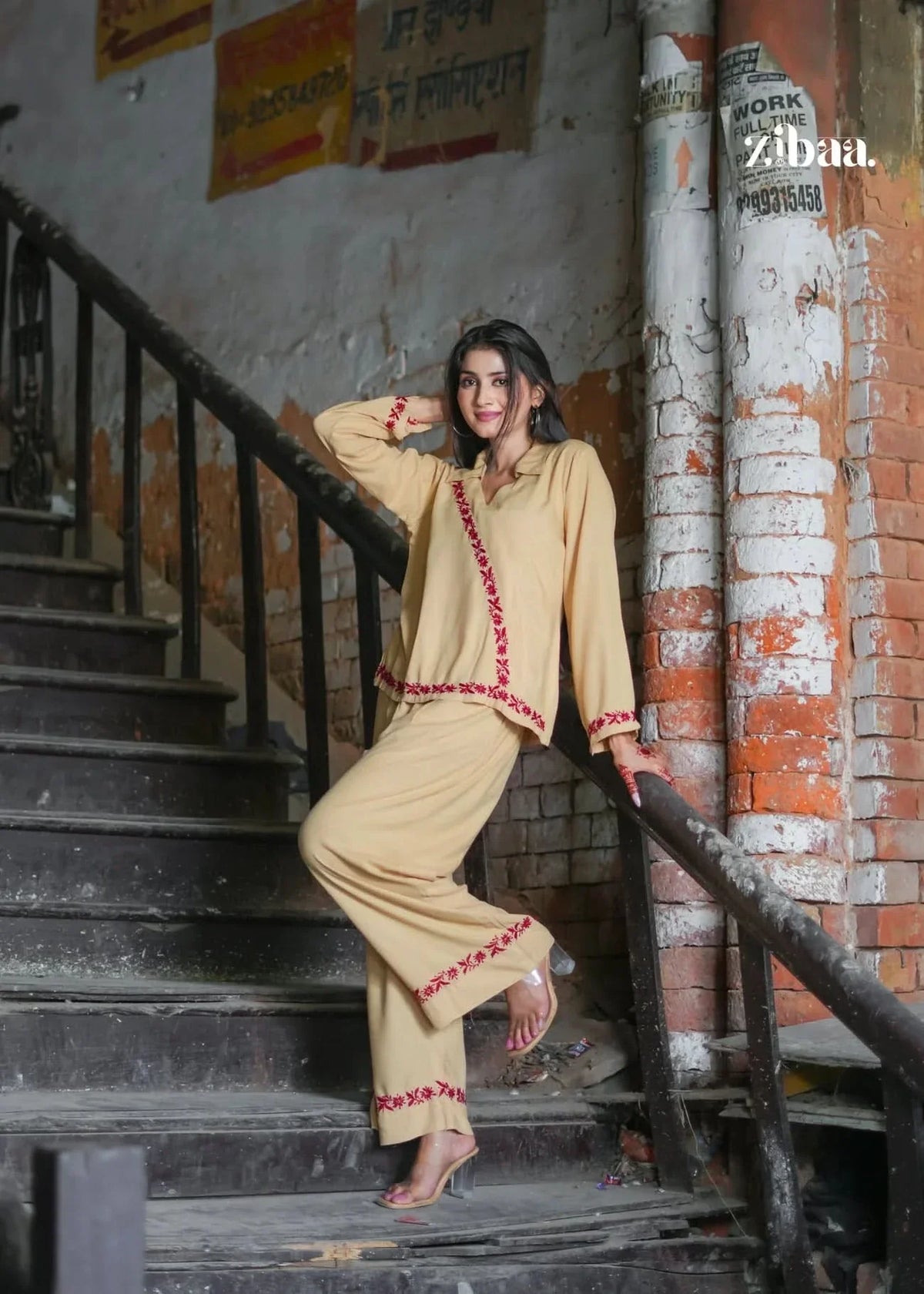 Hoor Beige Rayon Chikankari Co-ord Set